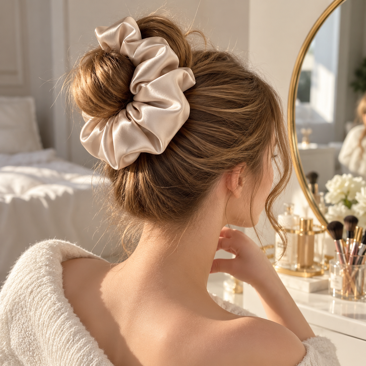 Champagne White Padded Satin Pillow Scrunchie